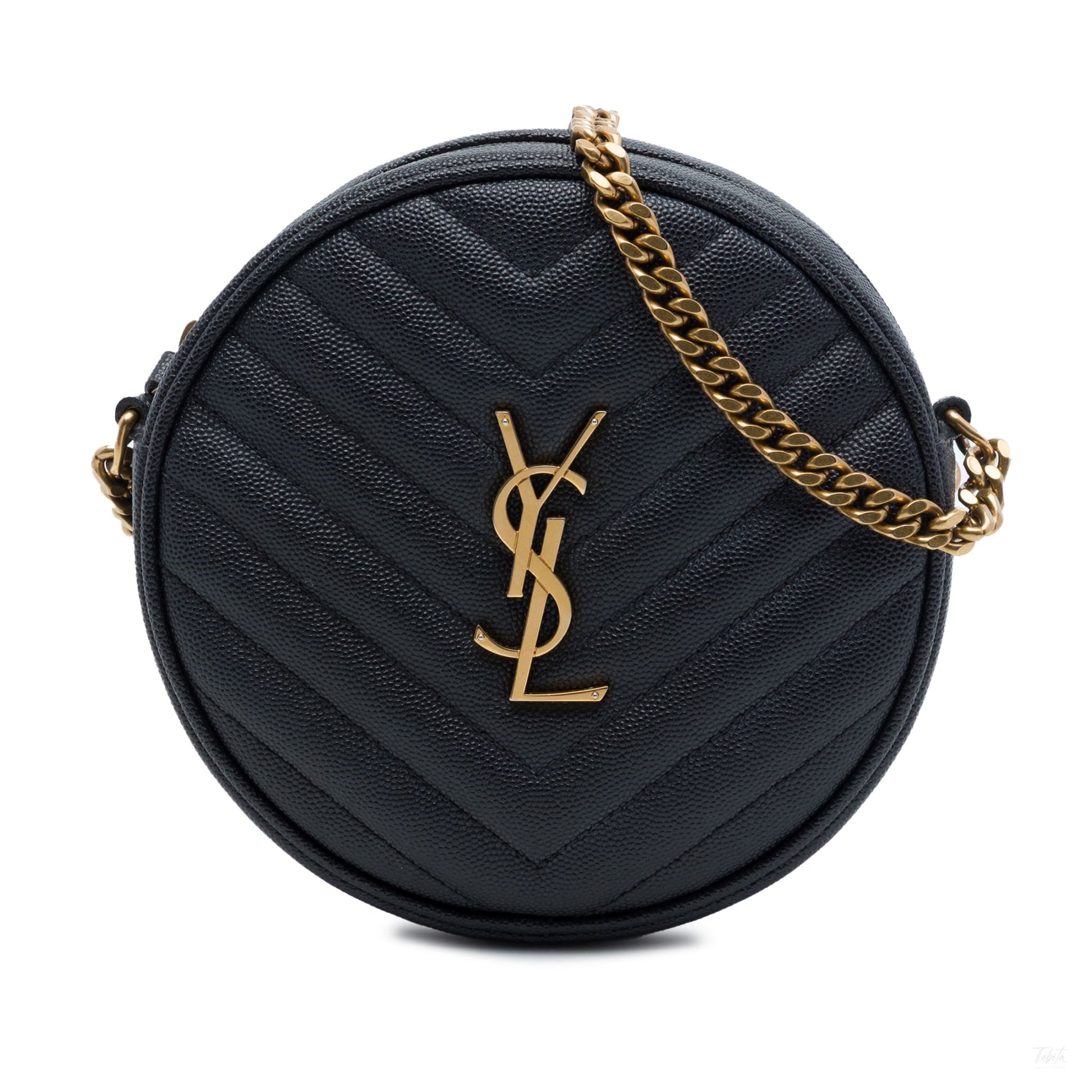 Second hand Saint Laurent Vinyle Grained Calfskin Leather Round Chevron Quilted Camera Crossbody Black - Tabita Bags
