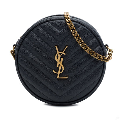 Second hand Saint Laurent Vinyle Grained Calfskin Leather Round Chevron Quilted Camera Crossbody Black - Tabita Bags