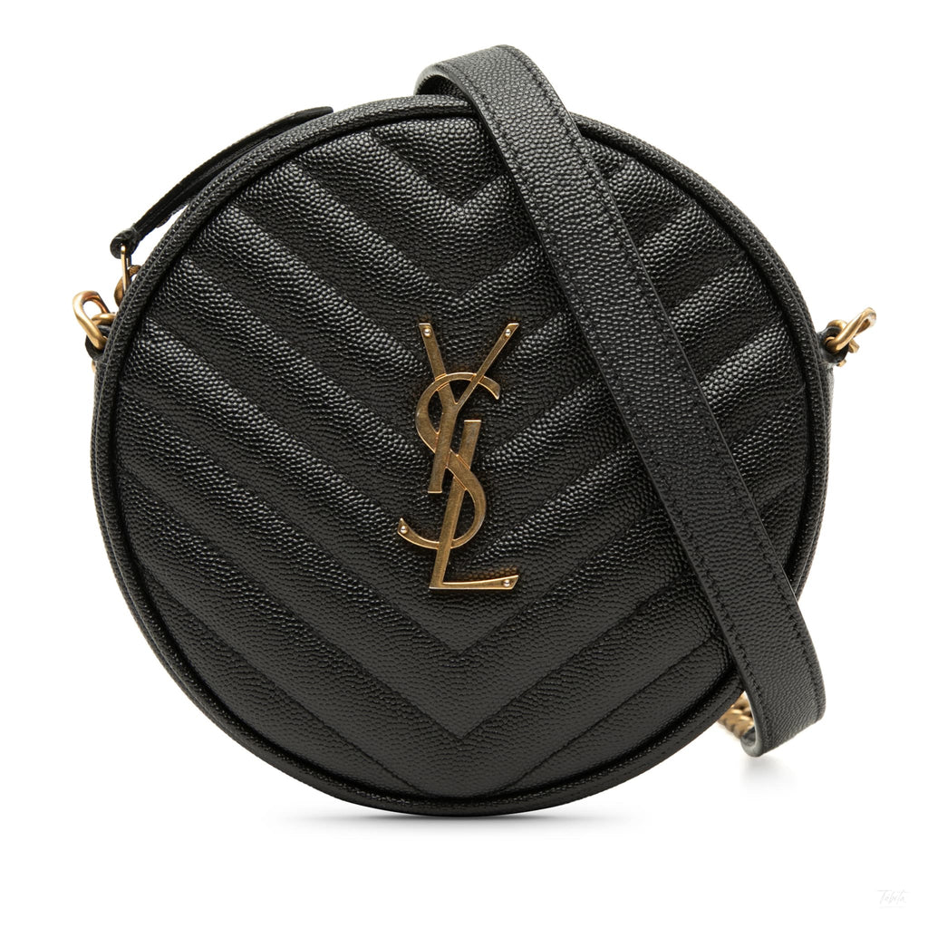 Second hand Saint Laurent Vinyle Grained Calfskin Leather Round Chevron Quilted Camera Crossbody Black - Tabita Bags