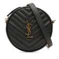 Second hand Saint Laurent Vinyle Grained Calfskin Leather Round Chevron Quilted Camera Crossbody Black - Tabita Bags