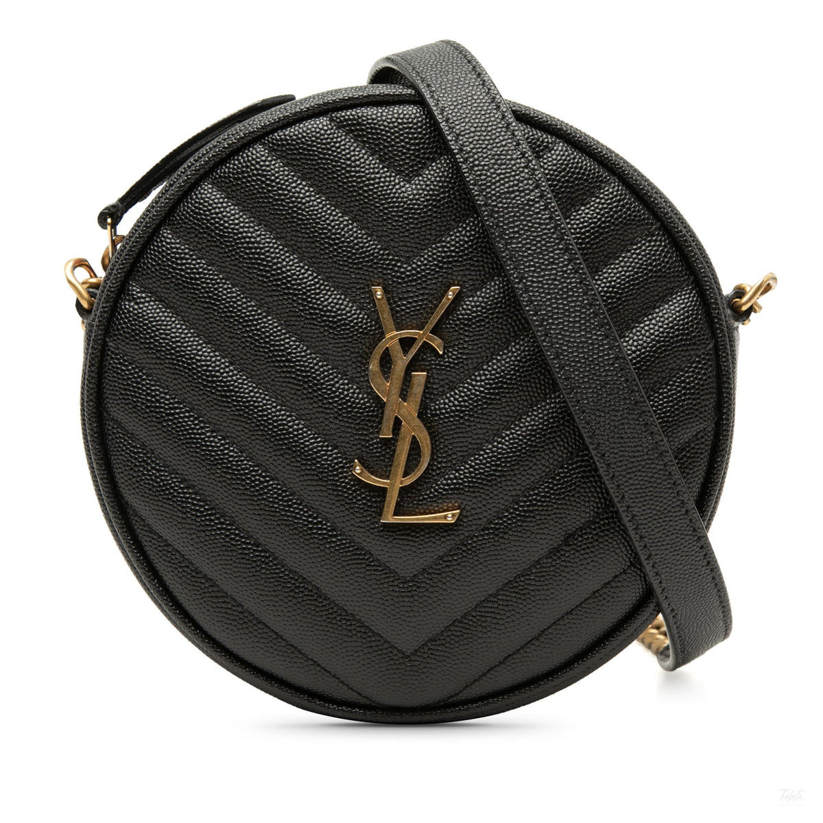 Second hand Saint Laurent Vinyle Grained Calfskin Leather Round Chevron Quilted Camera Crossbody Black - Tabita Bags