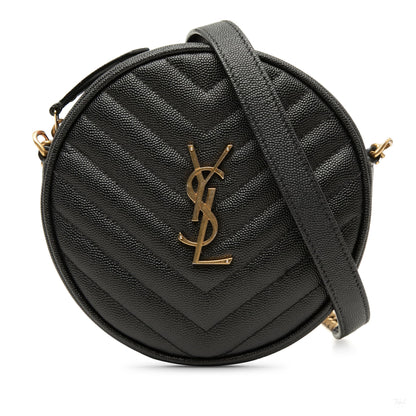 Second hand Saint Laurent Vinyle Grained Calfskin Leather Round Chevron Quilted Camera Crossbody Black - Tabita Bags