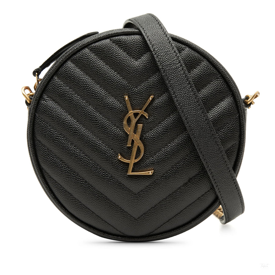 Second hand Saint Laurent Vinyle Grained Calfskin Leather Round Chevron Quilted Camera Crossbody Black - Tabita Bags