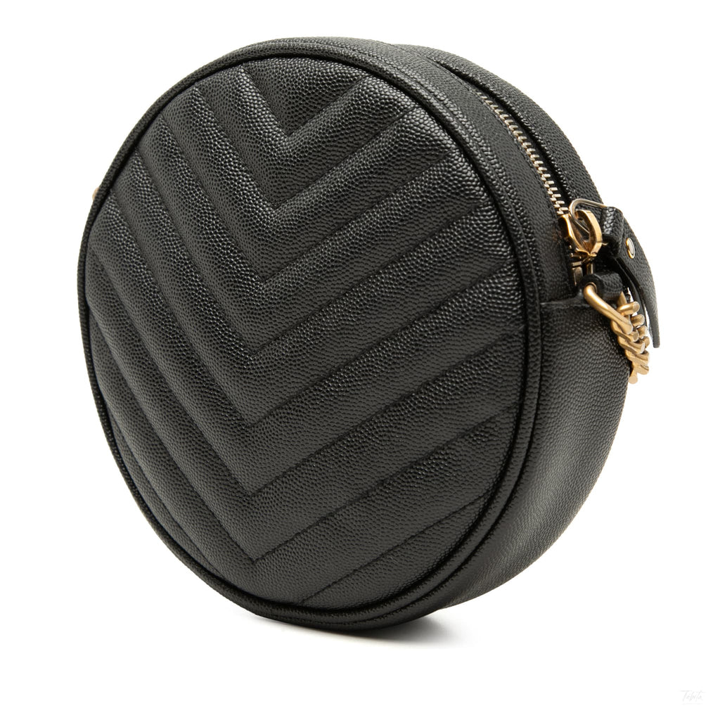 Second hand Saint Laurent Vinyle Grained Calfskin Leather Round Chevron Quilted Camera Crossbody Black - Tabita Bags