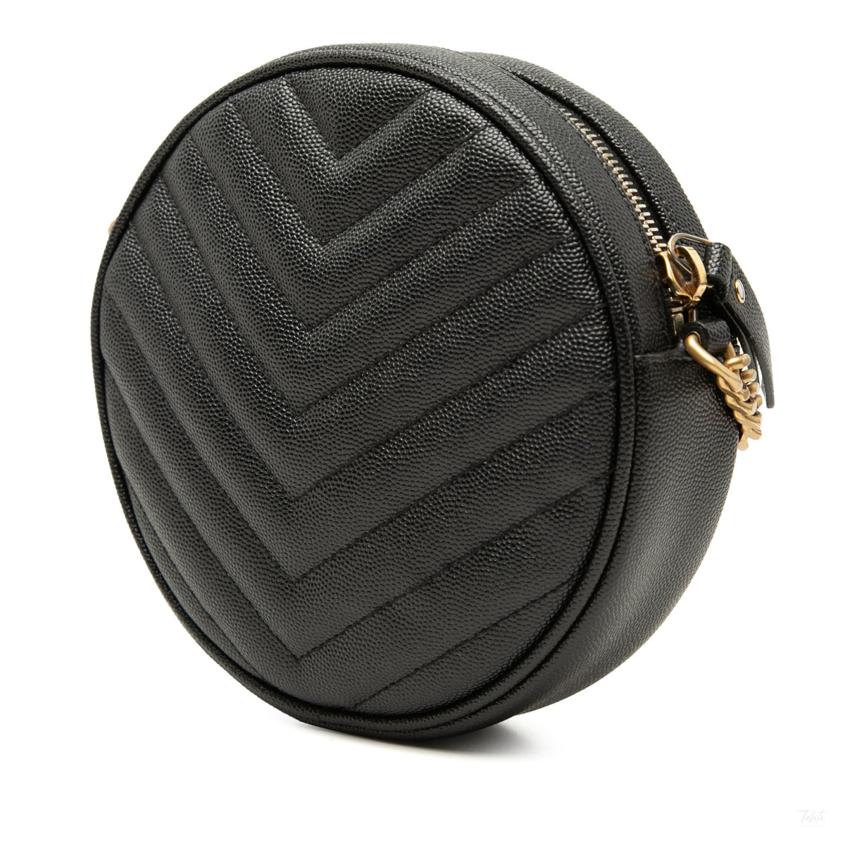 Second hand Saint Laurent Vinyle Grained Calfskin Leather Round Chevron Quilted Camera Crossbody Black - Tabita Bags