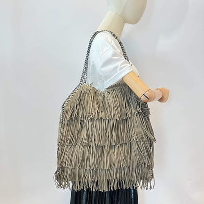 Second hand Stella McCartney Falabella Fold - Over Large Shoulder Fringe Recycled Material 2 - Ways Tote Bag Taupe - Tabita Bags