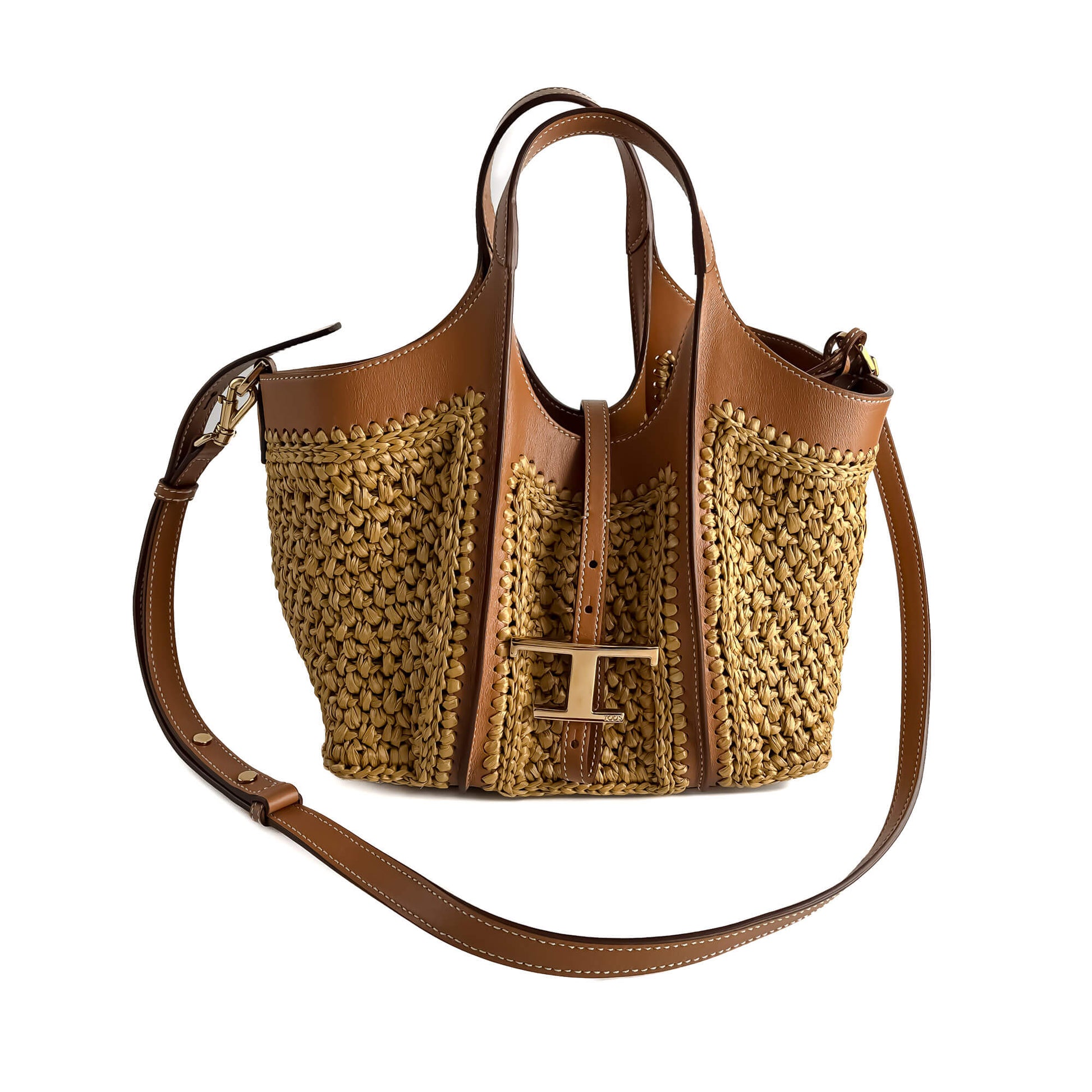 Second hand Tod's T Timeless Mini Woven Raffia and Leather Shopper Crossbody Natural brown - Tabita Bags