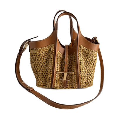 Second hand Tod's T Timeless Mini Woven Raffia and Leather Shopper Crossbody Natural brown - Tabita Bags
