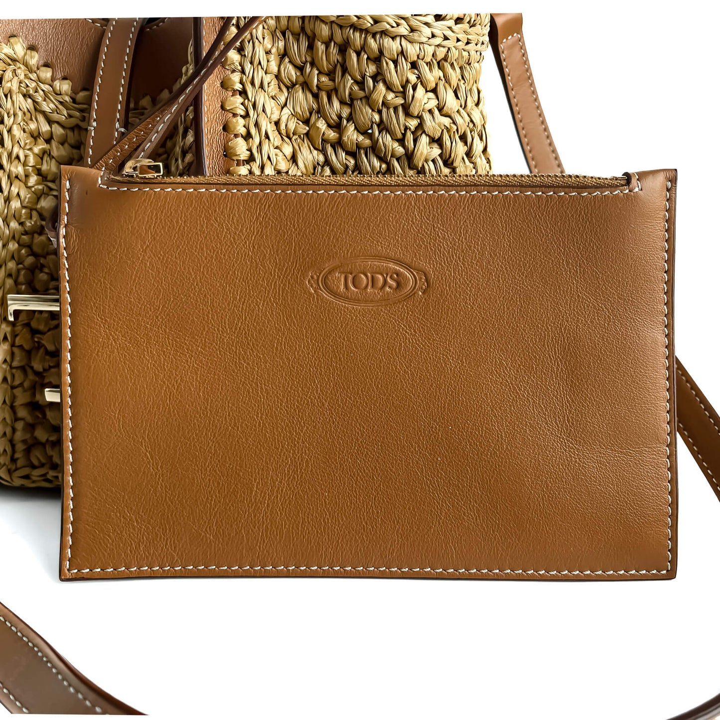 Second hand Tod's T Timeless Mini Woven Raffia and Leather Shopper Crossbody Natural brown - Tabita Bags