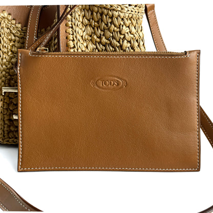 Second hand Tod's T Timeless Mini Woven Raffia and Leather Shopper Crossbody Natural brown - Tabita Bags