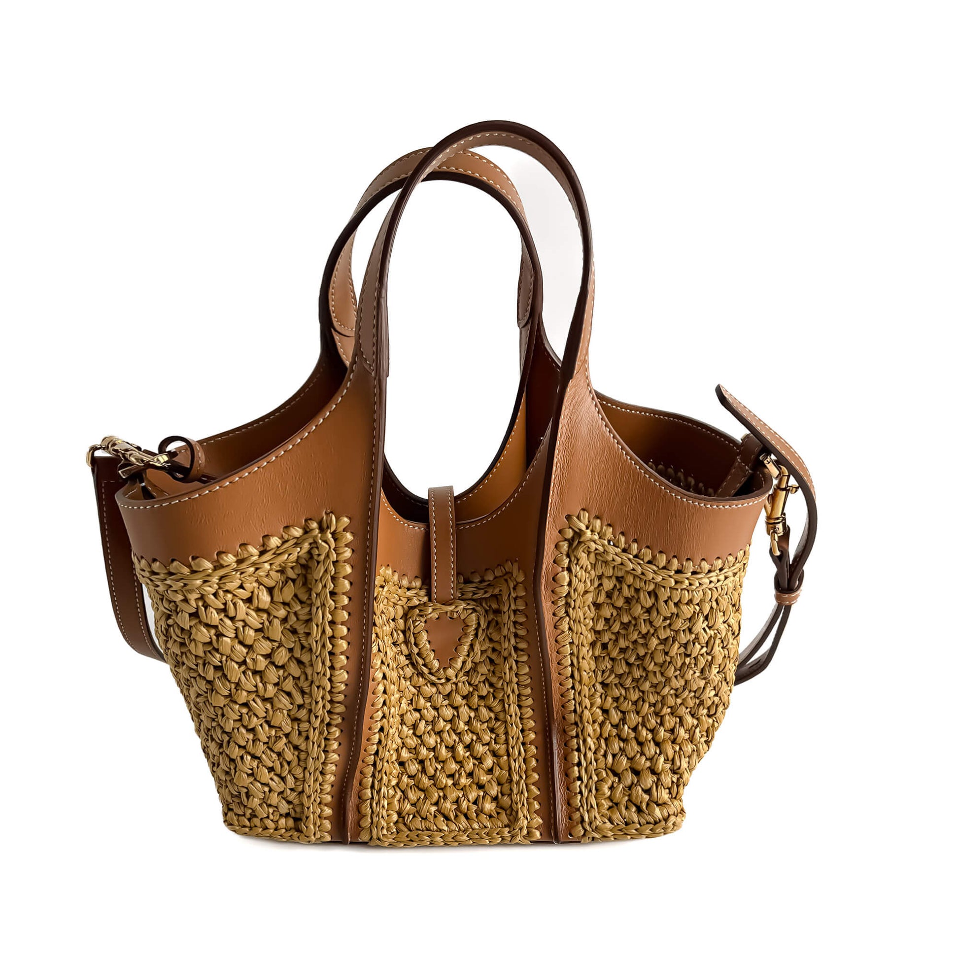 Second hand Tod's T Timeless Mini Woven Raffia and Leather Shopper Crossbody Natural brown - Tabita Bags