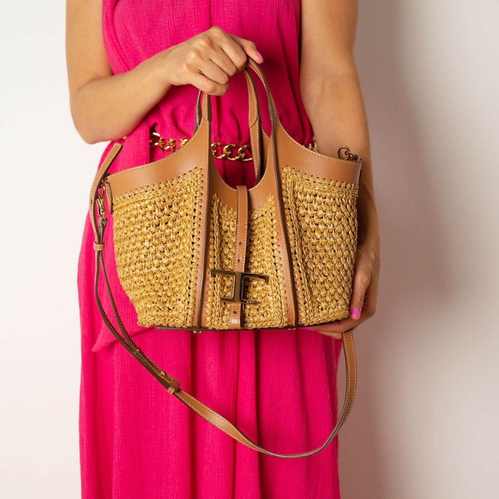 Second hand Tod's T Timeless Mini Woven Raffia and Leather Shopper Crossbody Natural brown - Tabita Bags