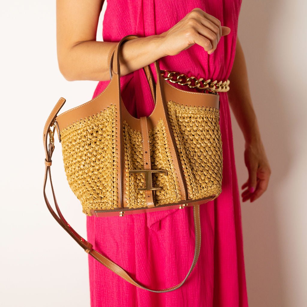 Second hand Tod's T Timeless Mini Woven Raffia and Leather Shopper Crossbody Natural brown - Tabita Bags