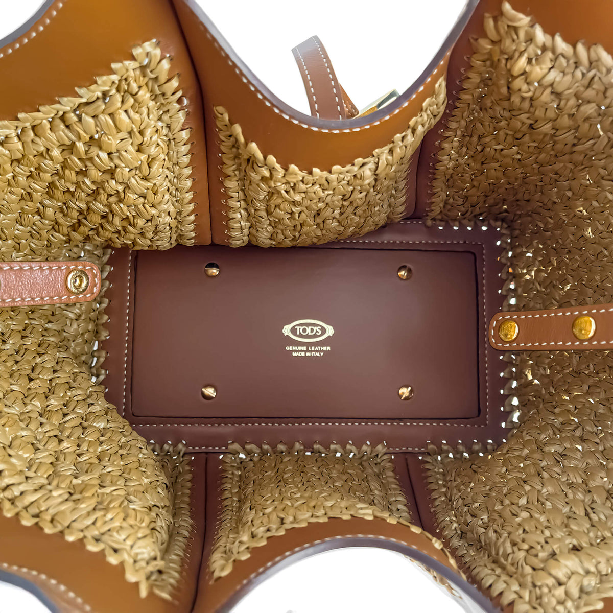 Second hand Tod's T Timeless Mini Woven Raffia and Leather Shopper Crossbody Natural brown - Tabita Bags