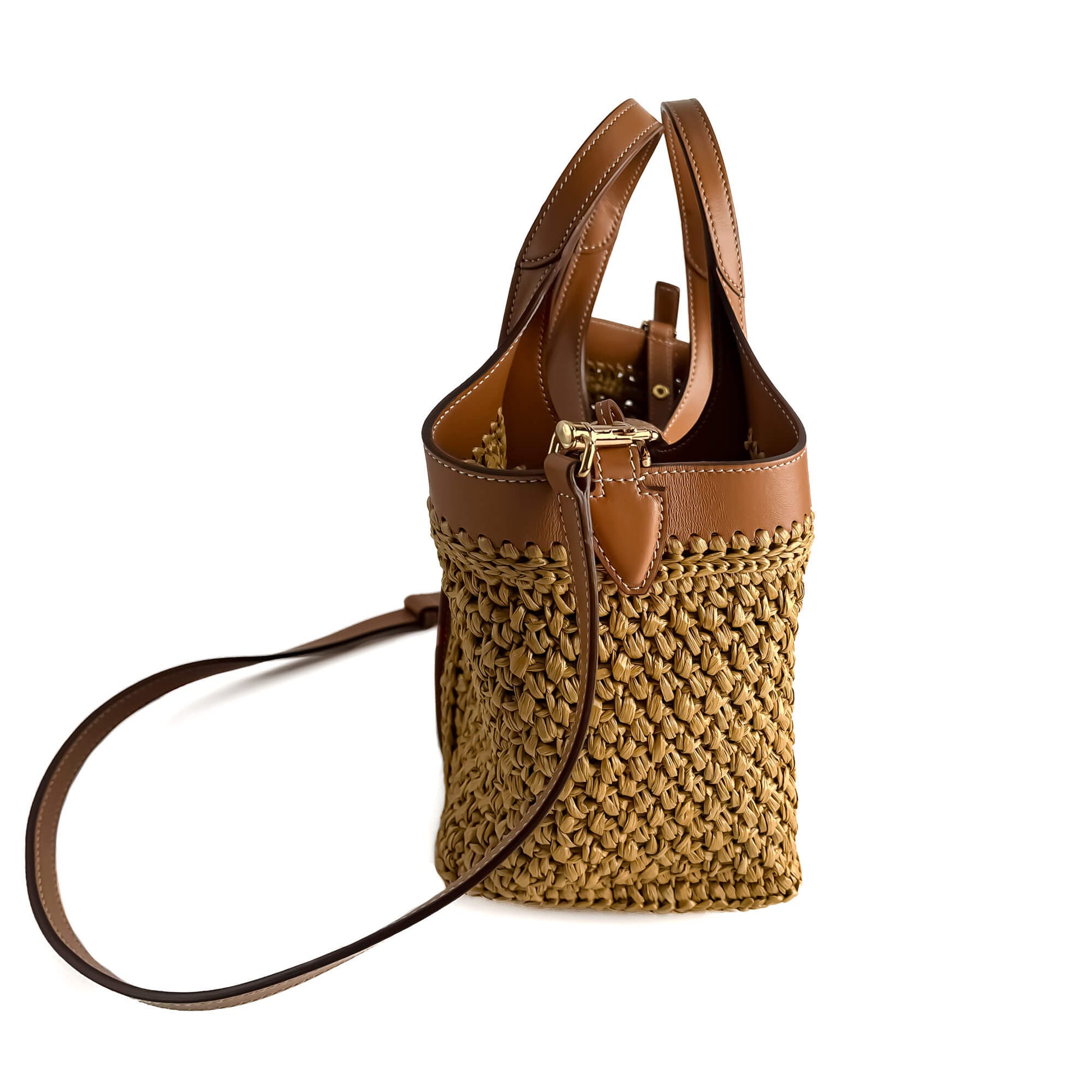 Second hand Tod's T Timeless Mini Woven Raffia and Leather Shopper Crossbody Natural brown - Tabita Bags