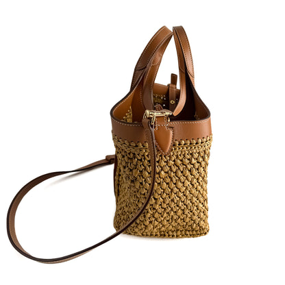 Second hand Tod's T Timeless Mini Woven Raffia and Leather Shopper Crossbody Natural brown - Tabita Bags