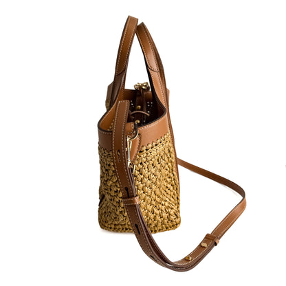 Second hand Tod's T Timeless Mini Woven Raffia and Leather Shopper Crossbody Natural brown - Tabita Bags