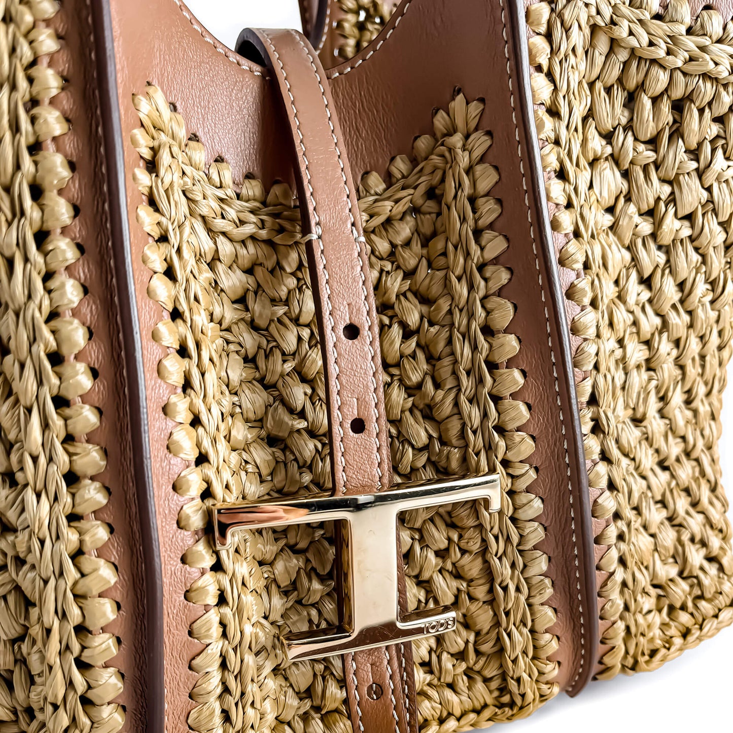 Second hand Tod's T Timeless Mini Woven Raffia and Leather Shopper Crossbody Natural brown - Tabita Bags