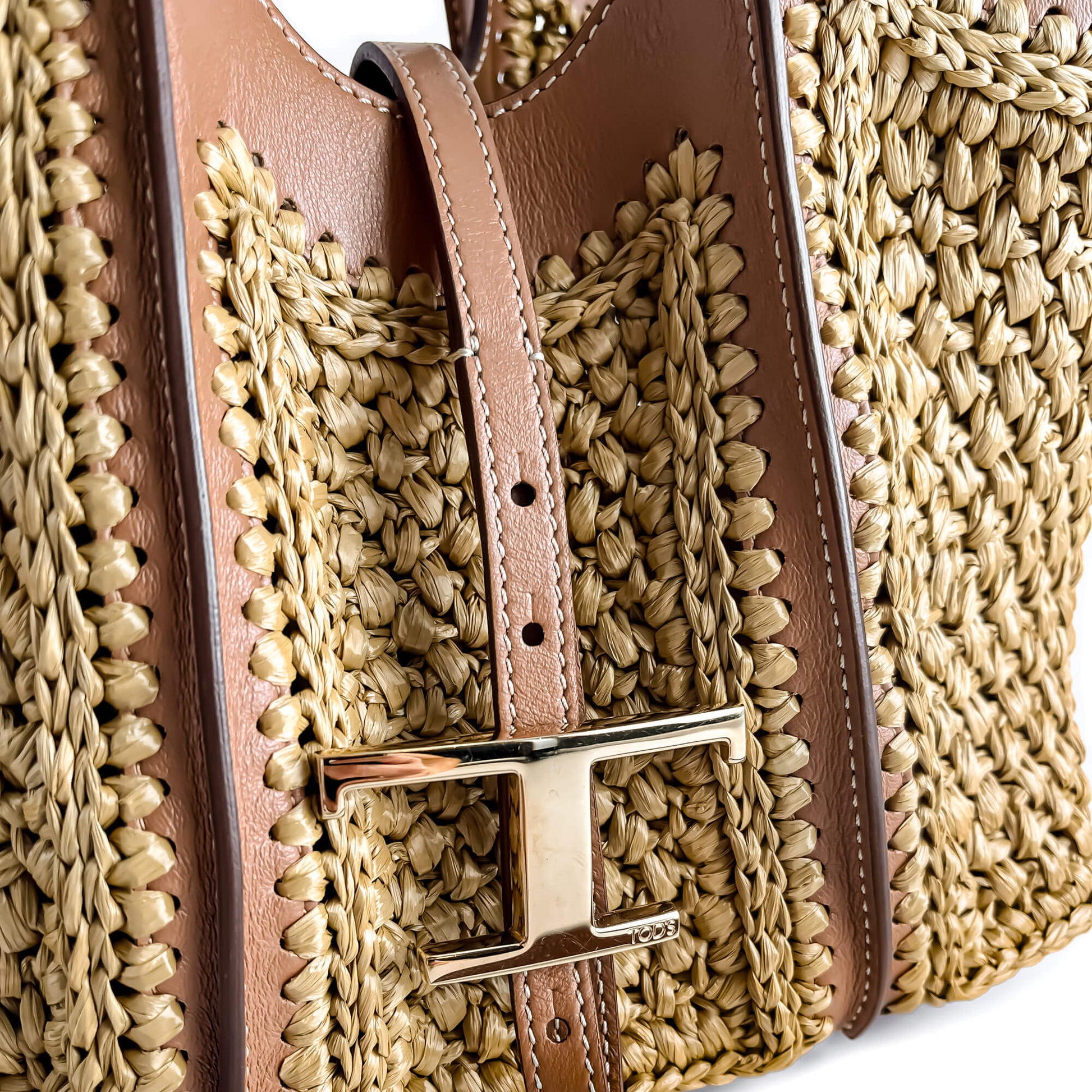 Second hand Tod's T Timeless Mini Woven Raffia and Leather Shopper Crossbody Natural brown - Tabita Bags