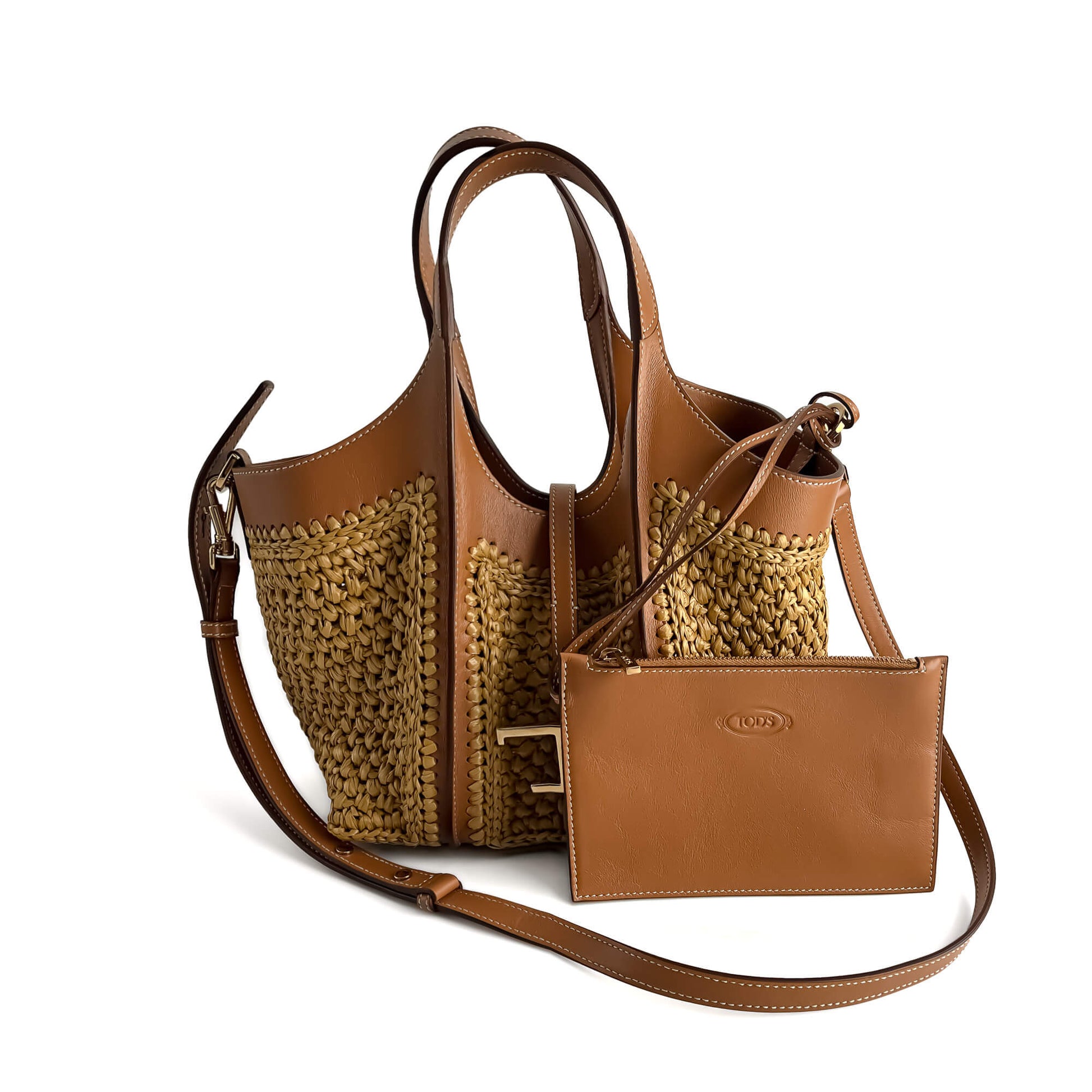 Second hand Tod's T Timeless Mini Woven Raffia and Leather Shopper Crossbody Natural brown - Tabita Bags