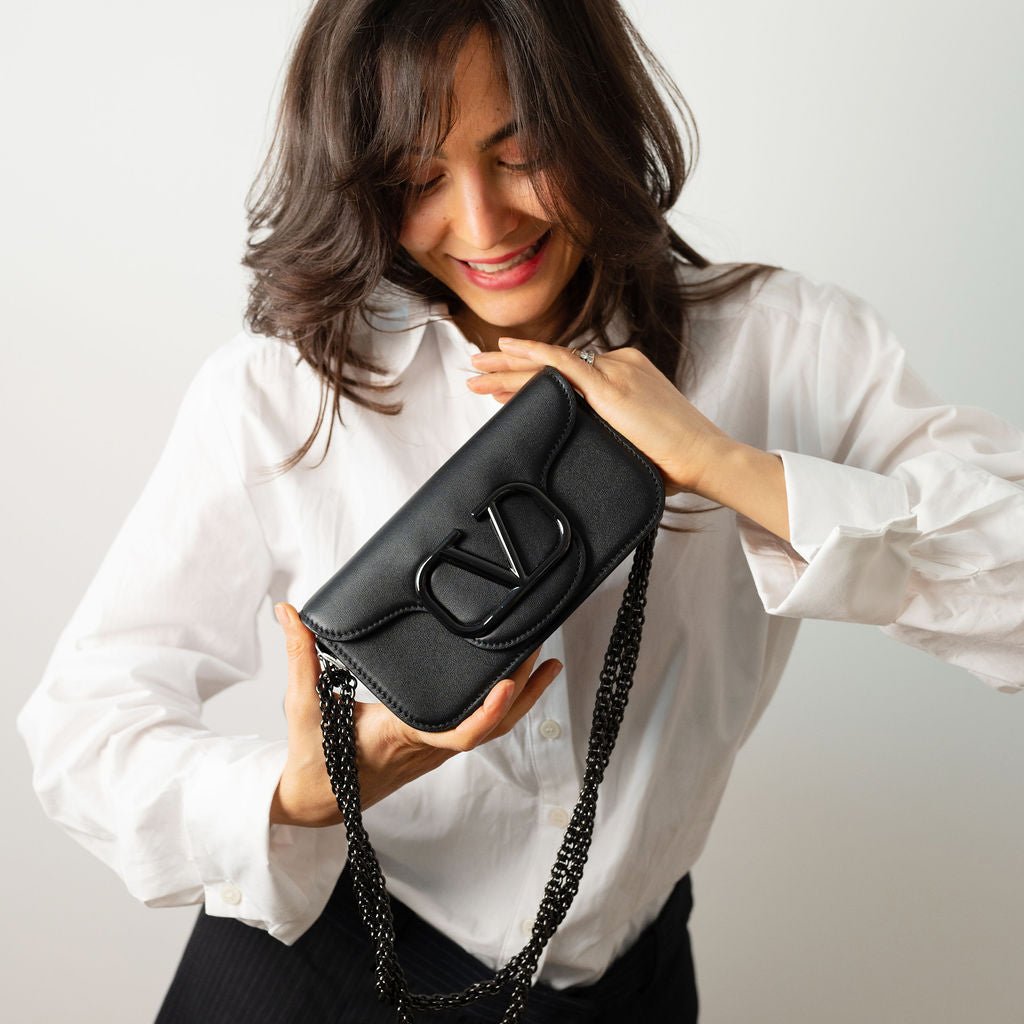 Second hand Valentino Garavani Loco Small Calfskin Leather 3 - Ways Flap Bag Black - Tabita Bags