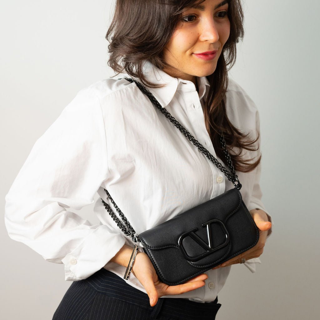 Second hand Valentino Garavani Loco Small Calfskin Leather 3 - Ways Flap Bag Black - Tabita Bags