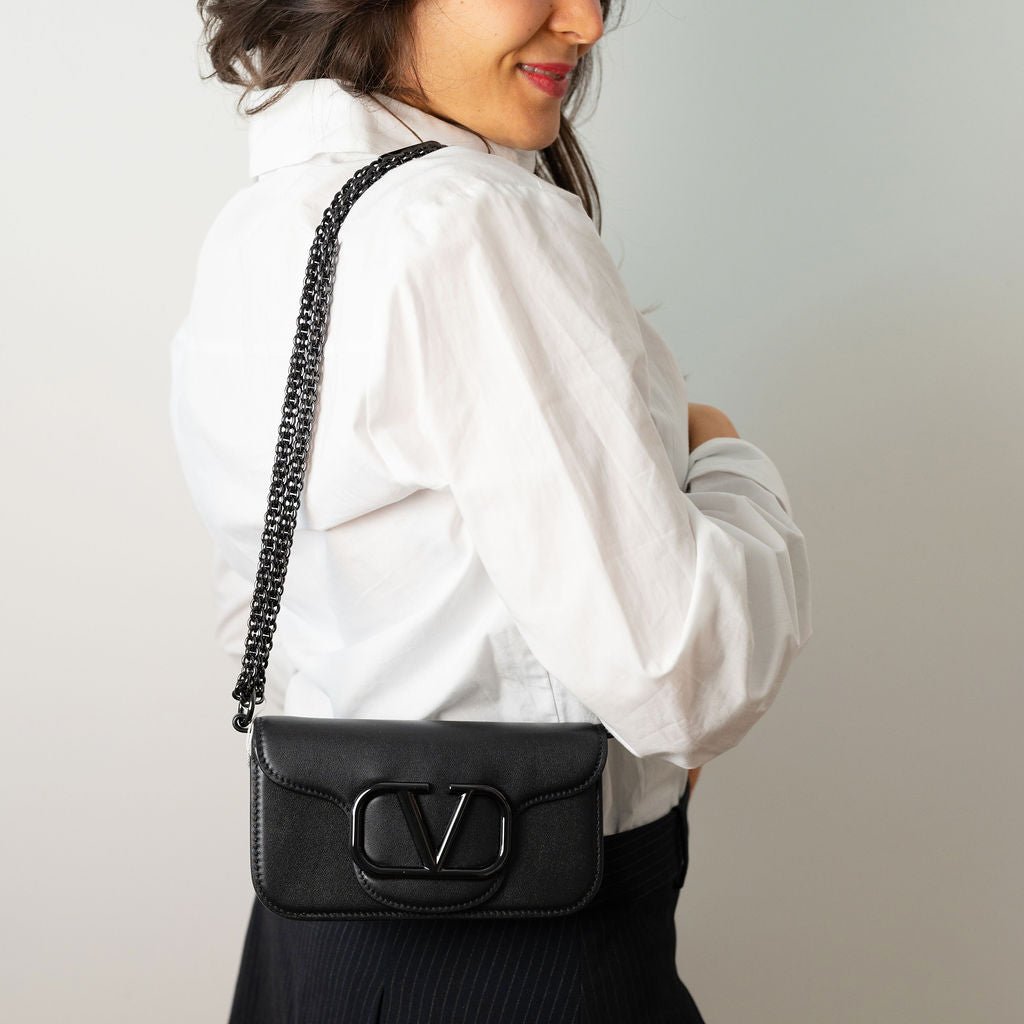 Second hand Valentino Garavani Loco Small Calfskin Leather 3 - Ways Flap Bag Black - Tabita Bags