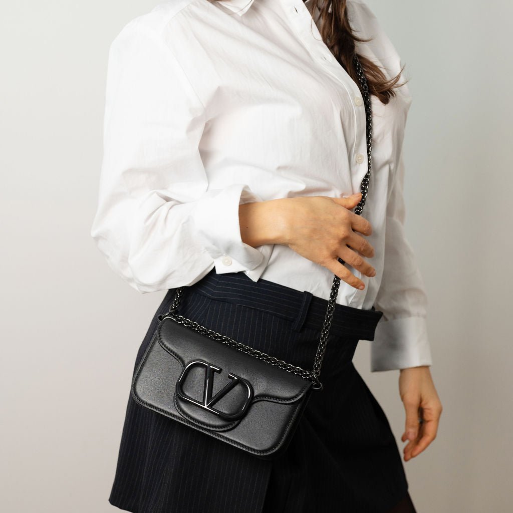Second hand Valentino Garavani Loco Small Calfskin Leather 3 - Ways Flap Bag Black - Tabita Bags