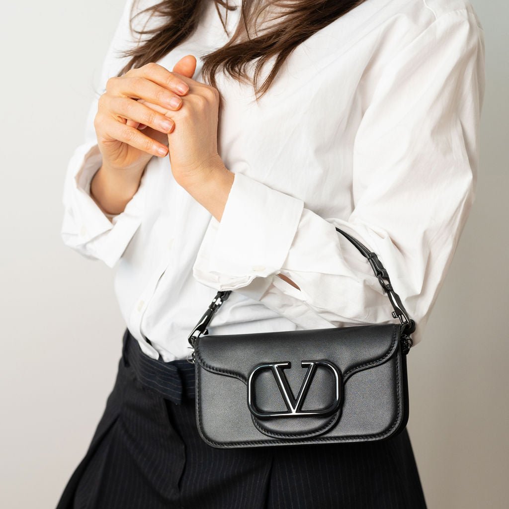 Second hand Valentino Garavani Loco Small Calfskin Leather 3 - Ways Flap Bag Black - Tabita Bags