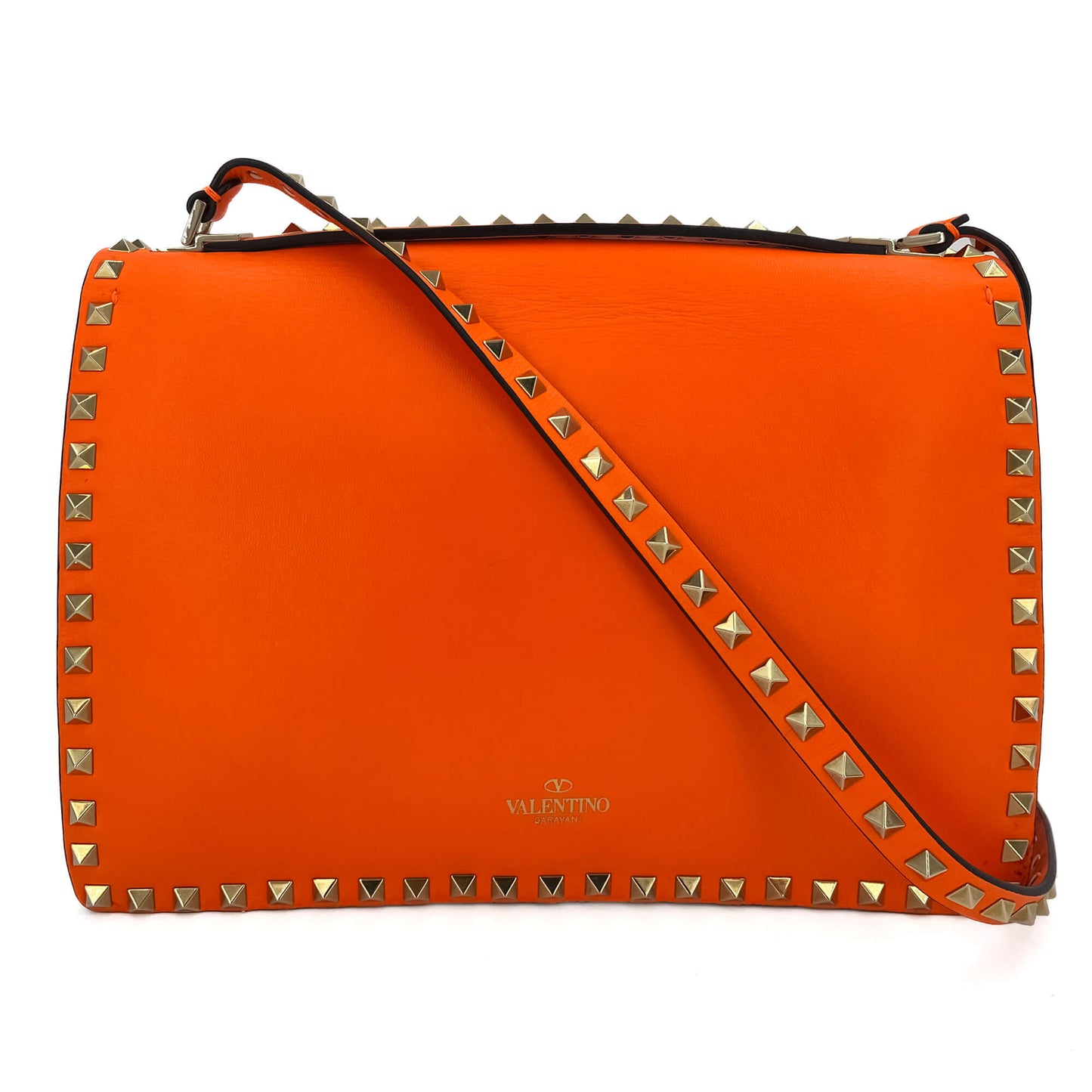 Second hand Valentino Garavani Rockstud Calfskin Leather 2 - Ways Flap Shoulder Bag Neon Orange - Tabita Bags