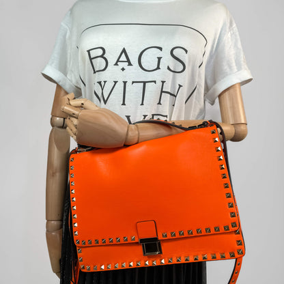 Second hand Valentino Garavani Rockstud Calfskin Leather 2 - Ways Flap Shoulder Bag Neon Orange - Tabita Bags