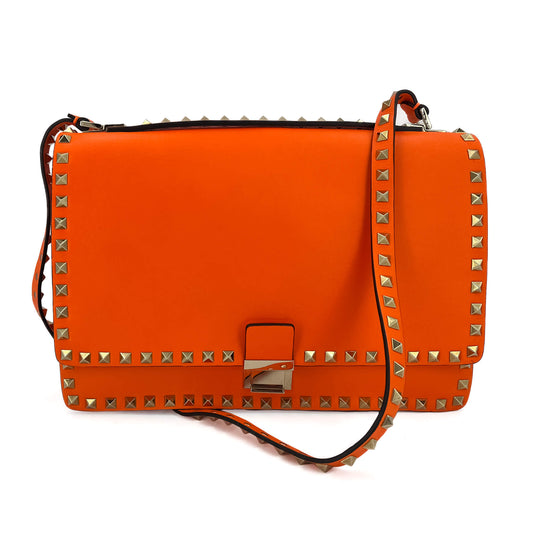 Second hand Valentino Garavani Rockstud Calfskin Leather 2 - Ways Flap Shoulder Bag Neon Orange - Tabita Bags