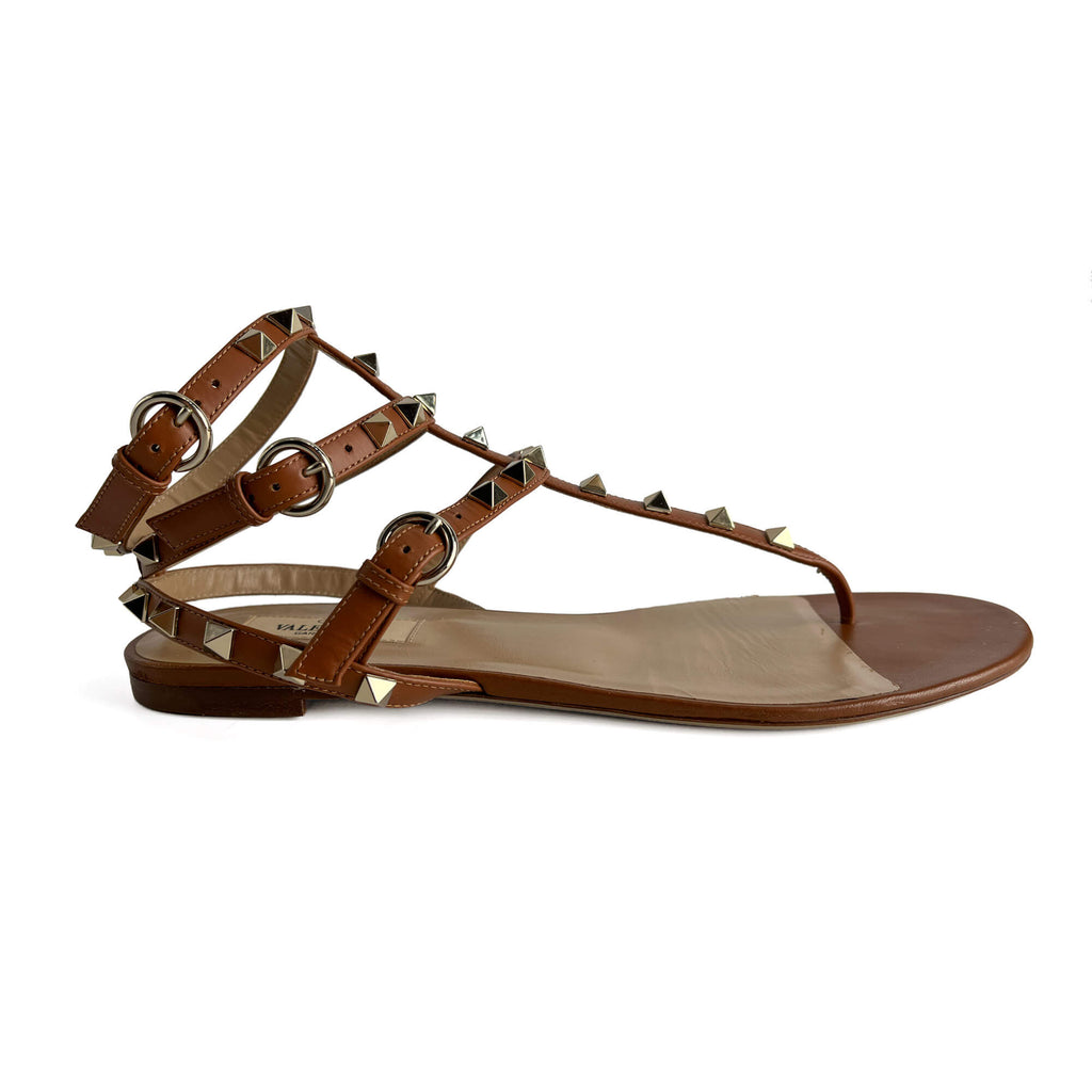 Second hand Valentino Garavani Rockstud Calfskin Leather Flat Straps Sandals 40 Caramel - Tabita Bags