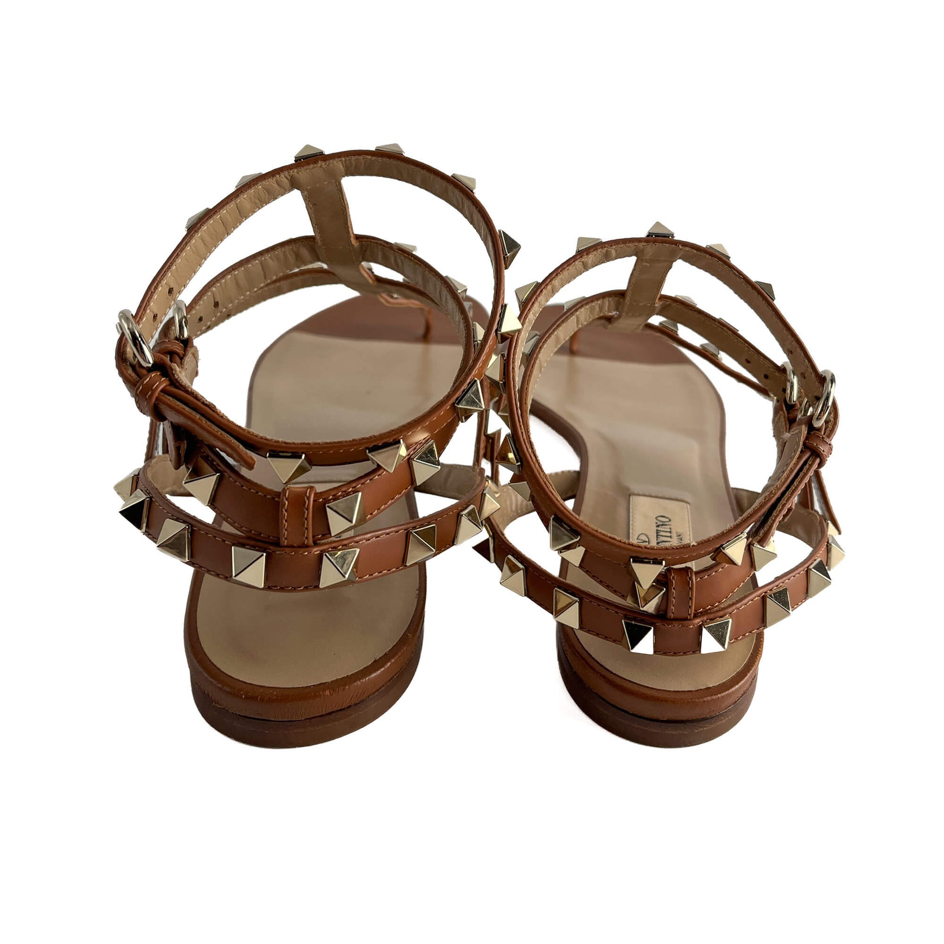 Second hand Valentino Garavani Rockstud Calfskin Leather Flat Straps Sandals 40 Caramel - Tabita Bags