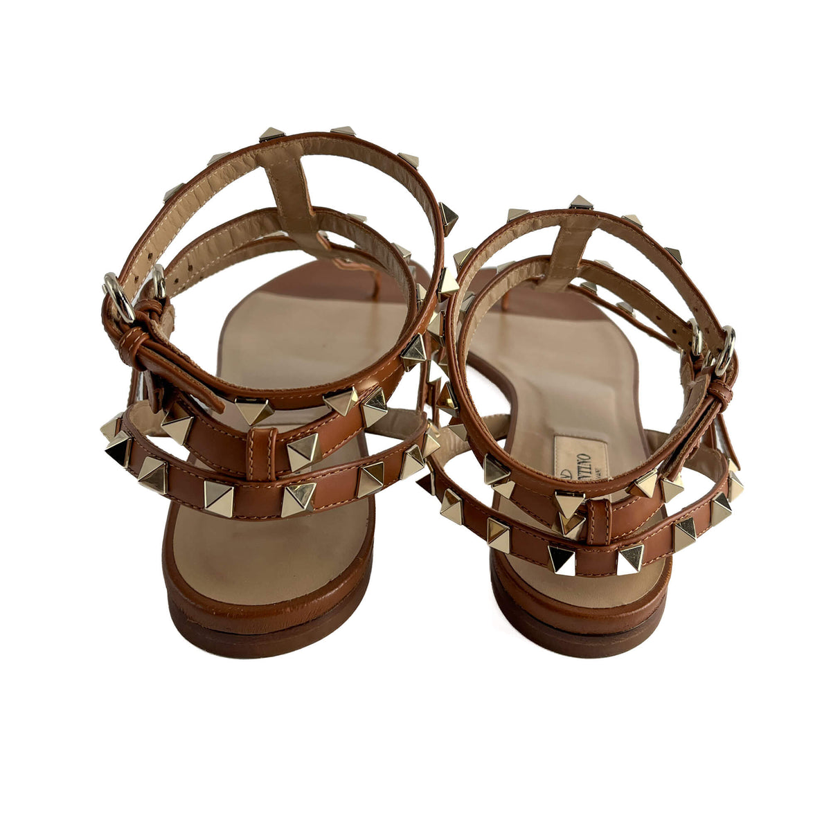 Second hand Valentino Garavani Rockstud Calfskin Leather Flat Straps Sandals 40 Caramel - Tabita Bags