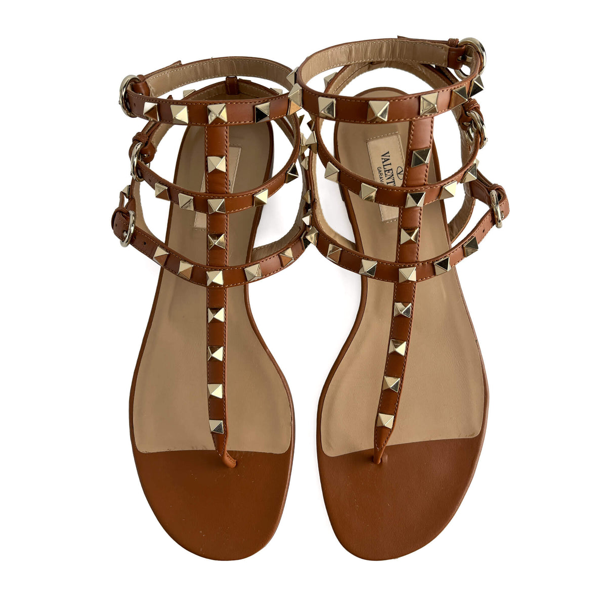 Second hand Valentino Garavani Rockstud Calfskin Leather Flat Straps Sandals 40 Caramel - Tabita Bags