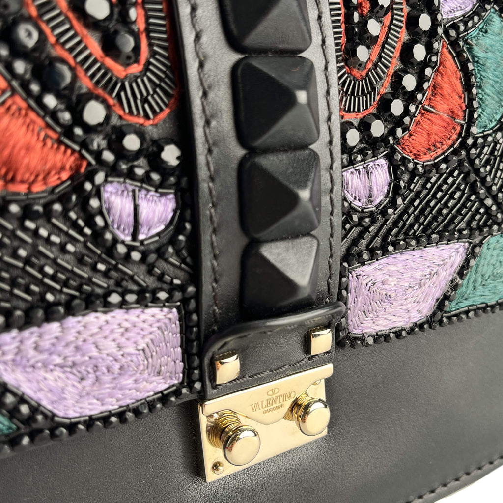 Second hand Valentino Garavani Rockstud Glam lock Large Calfskin Leather Embroidered Flap Shoulder Bag Black - Tabita Bags