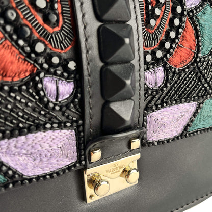 Second hand Valentino Garavani Rockstud Glam lock Large Calfskin Leather Embroidered Flap Shoulder Bag Black - Tabita Bags