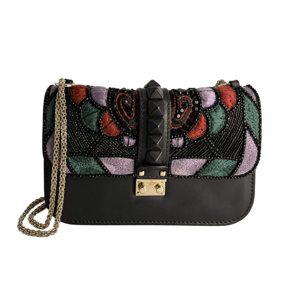 Second hand Valentino Garavani Rockstud Glam lock Large Calfskin Leather Embroidered Flap Shoulder Bag Black - Tabita Bags