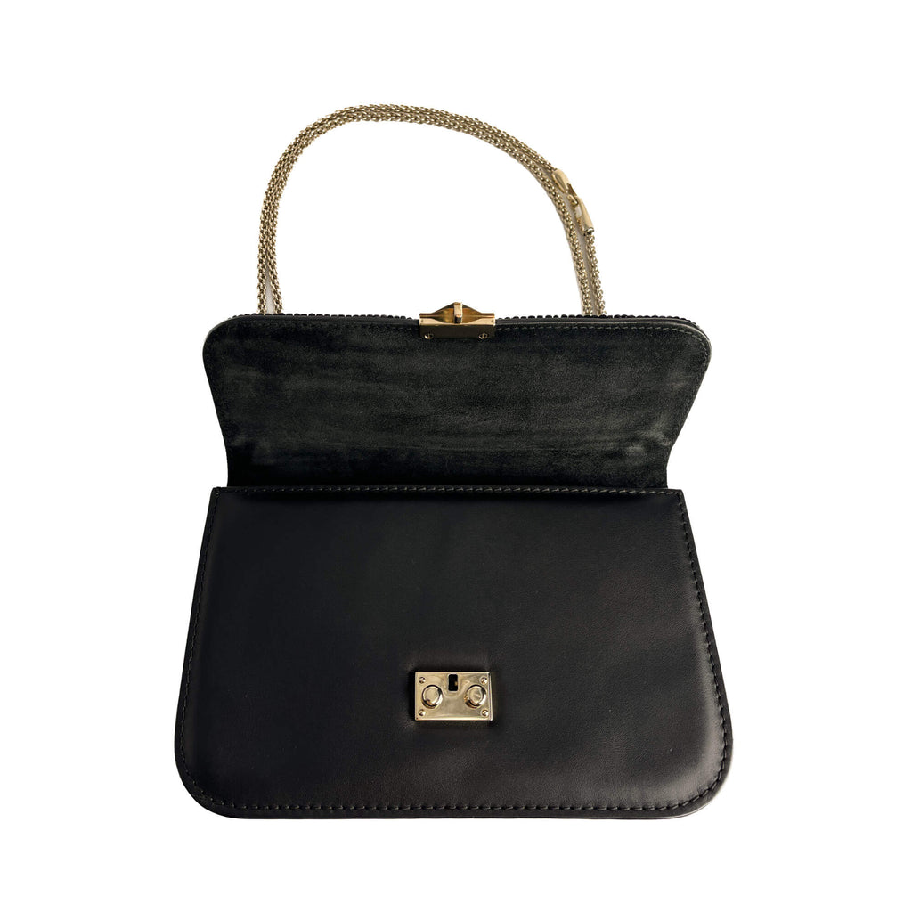 Second hand Valentino Garavani Rockstud Glam lock Large Calfskin Leather Embroidered Flap Shoulder Bag Black - Tabita Bags