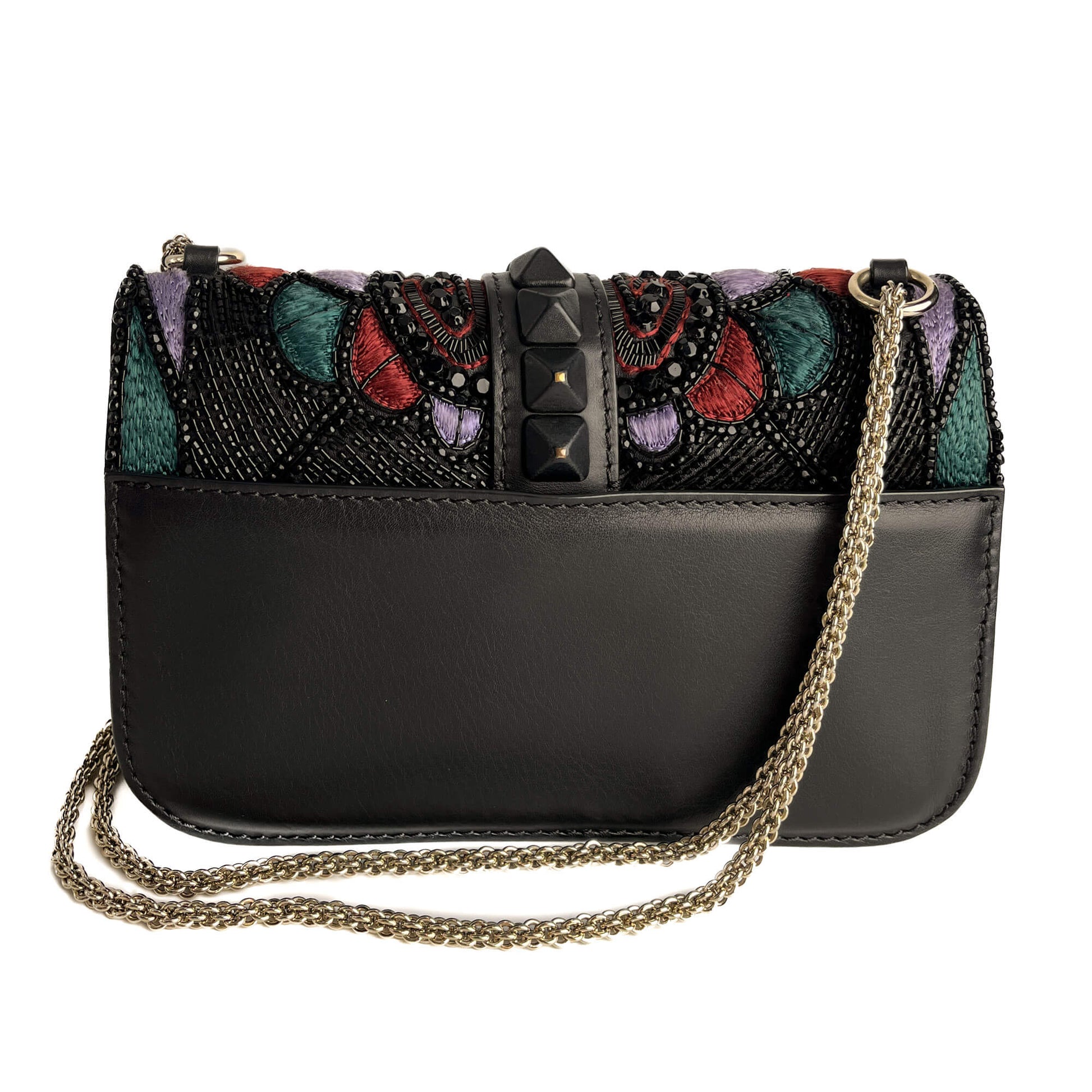 Second hand Valentino Garavani Rockstud Glam lock Large Calfskin Leather Embroidered Flap Shoulder Bag Black - Tabita Bags
