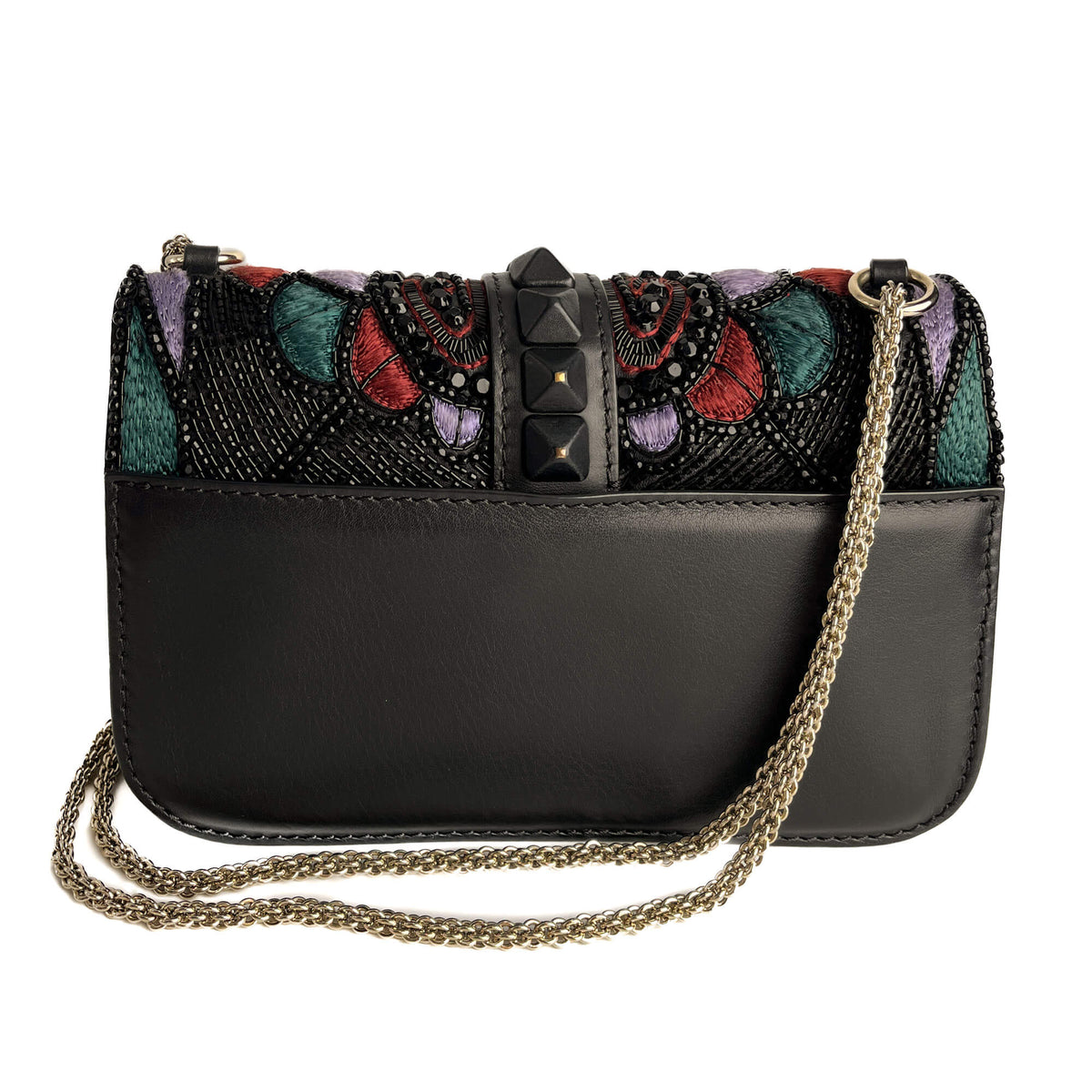 Second hand Valentino Garavani Rockstud Glam lock Large Calfskin Leather Embroidered Flap Shoulder Bag Black - Tabita Bags