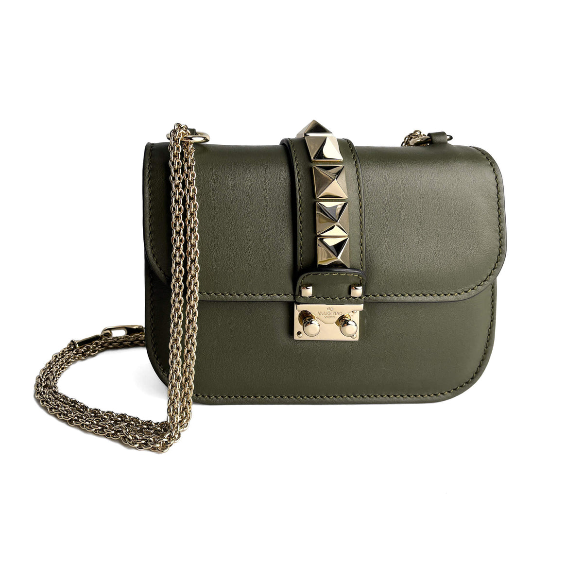 Second hand Valentino Garavani Rockstud Glam Lock Small Calfskin Leather Flap Shoulder Bag Military Green - Tabita Bags
