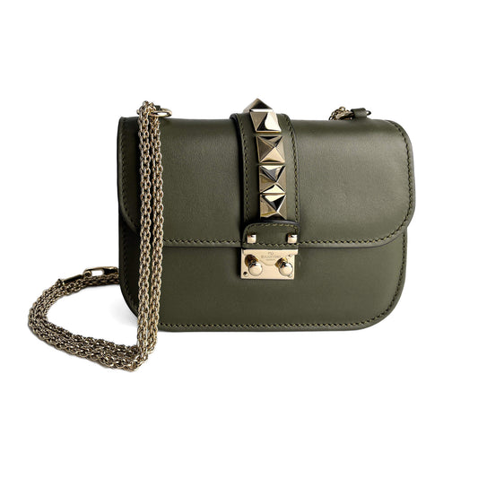 Second hand Valentino Garavani Rockstud Glam Lock Small Calfskin Leather Flap Shoulder Bag Military Green - Tabita Bags