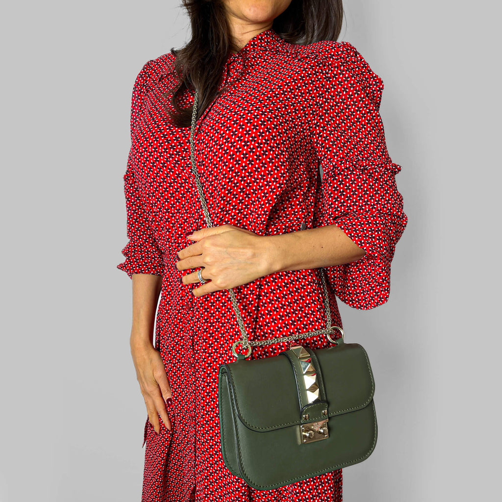 Second hand Valentino Garavani Rockstud Glam Lock Small Calfskin Leather Flap Shoulder Bag Military Green - Tabita Bags
