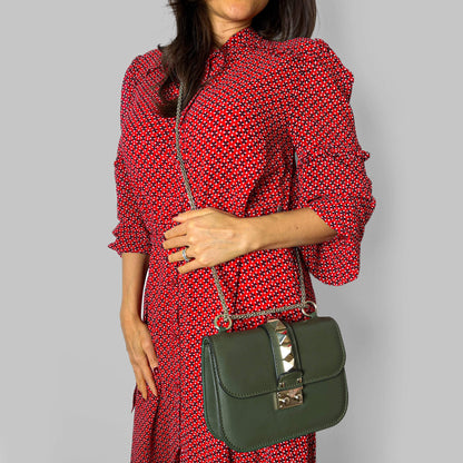 Second hand Valentino Garavani Rockstud Glam Lock Small Calfskin Leather Flap Shoulder Bag Military Green - Tabita Bags