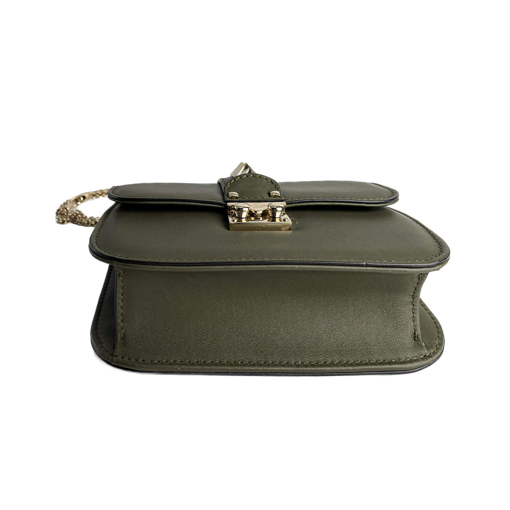Second hand Valentino Garavani Rockstud Glam Lock Small Calfskin Leather Flap Shoulder Bag Military Green - Tabita Bags