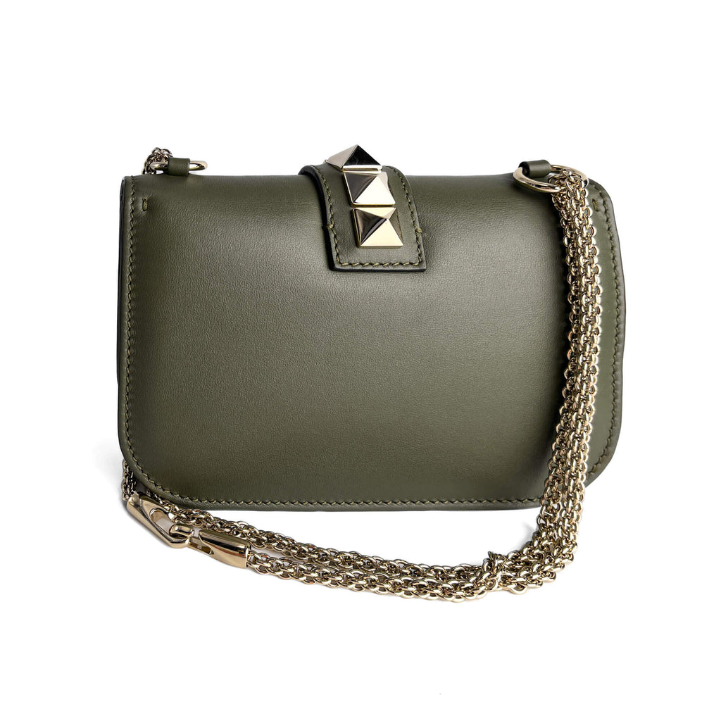 Second hand Valentino Garavani Rockstud Glam Lock Small Calfskin Leather Flap Shoulder Bag Military Green - Tabita Bags