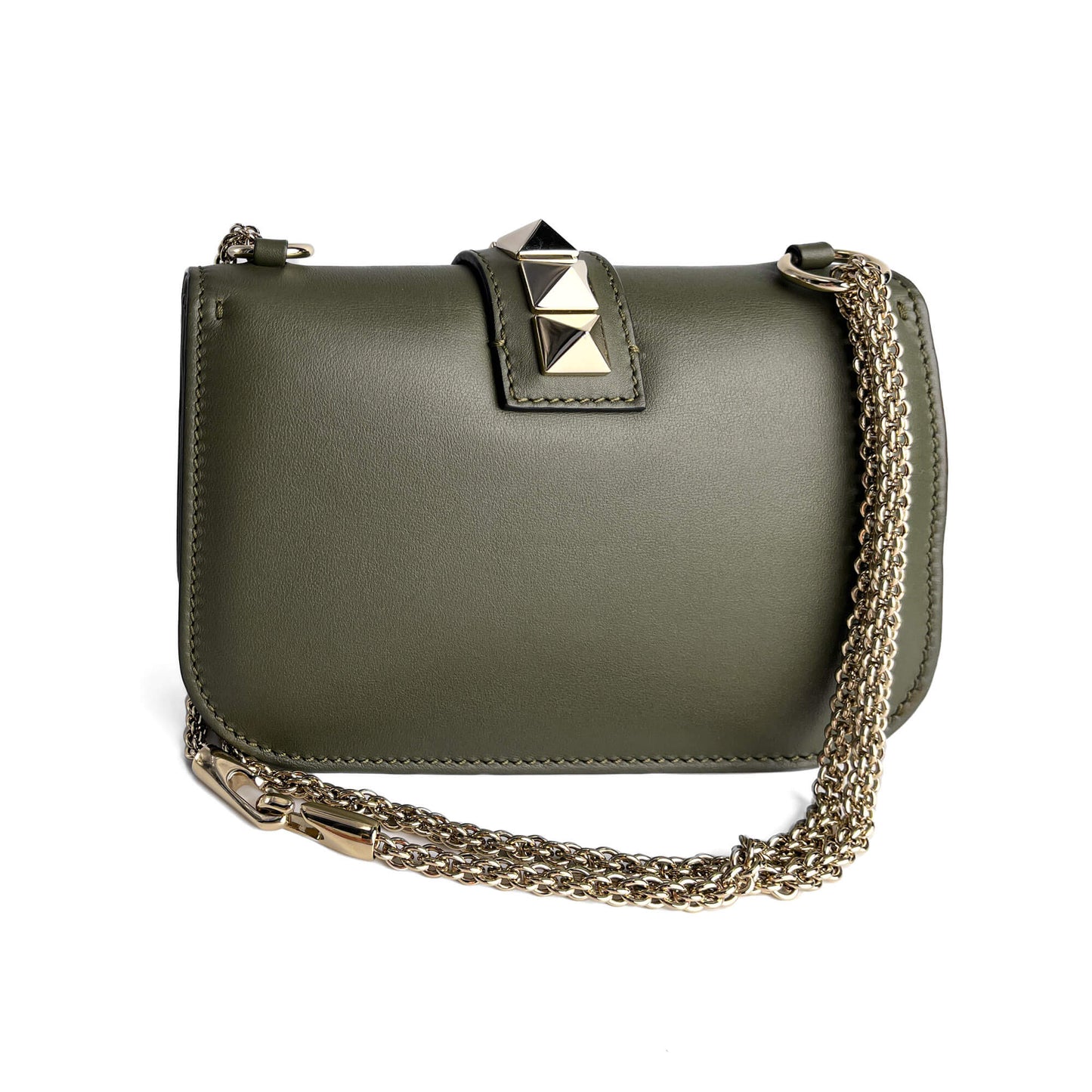 Second hand Valentino Garavani Rockstud Glam Lock Small Calfskin Leather Flap Shoulder Bag Military Green - Tabita Bags