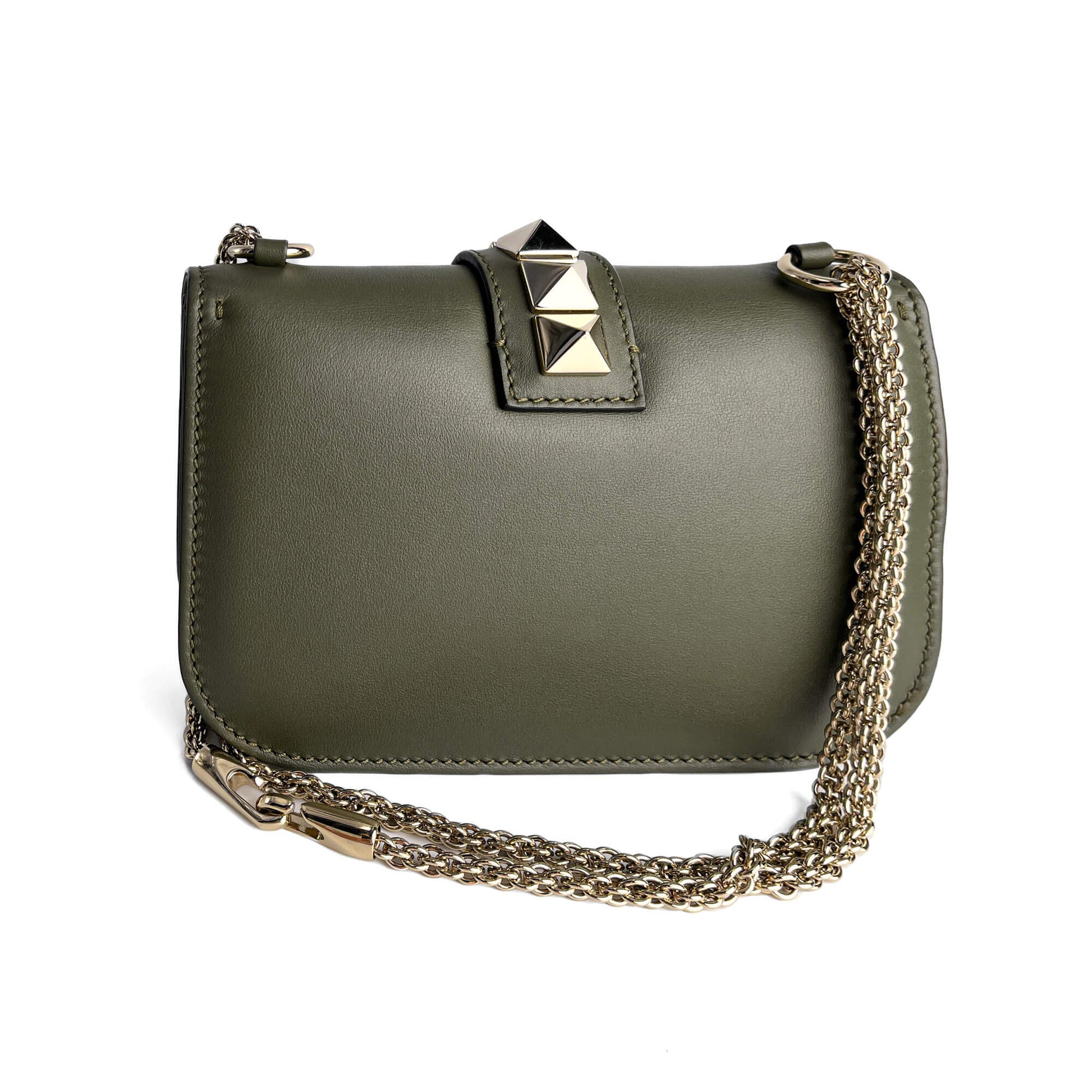 Second hand Valentino Garavani Rockstud Glam Lock Small Calfskin Leather Flap Shoulder Bag Military Green - Tabita Bags